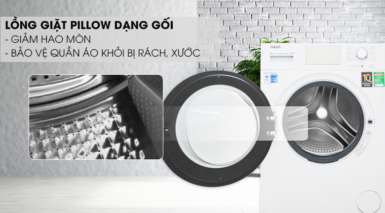 Lồng giặt Pillow bằng thép chống gỉ - Máy giặt Aqua Inverter 8.5 kg AQD-D850E W
