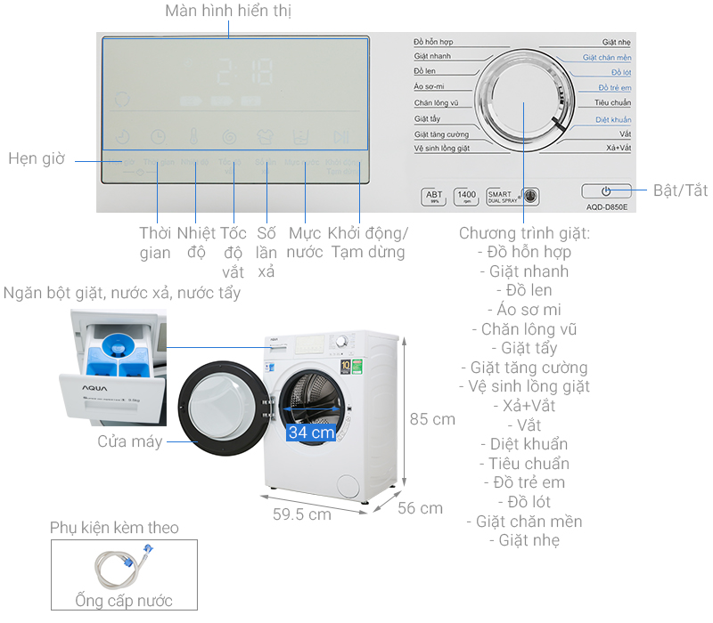 Thông số kỹ thuật Máy giặt Aqua Inverter 8.5 kg AQD-D850E W