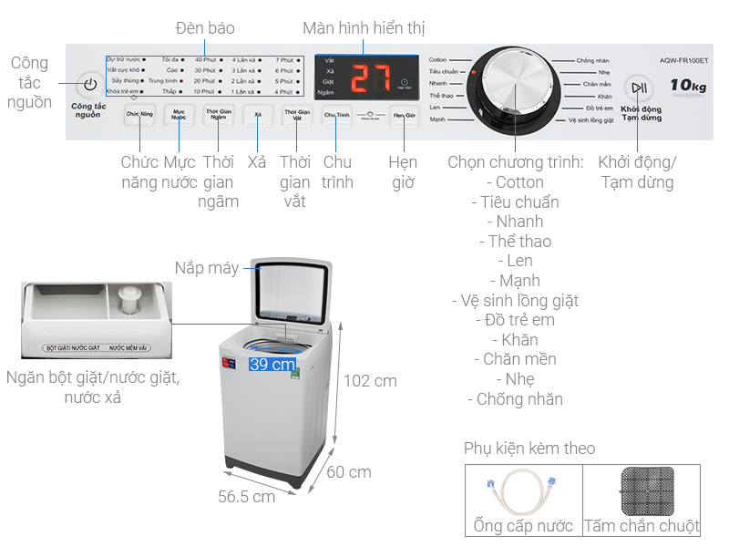 Thông số kỹ thuật Máy giặt Aqua 10 Kg AQW-FR100ET W