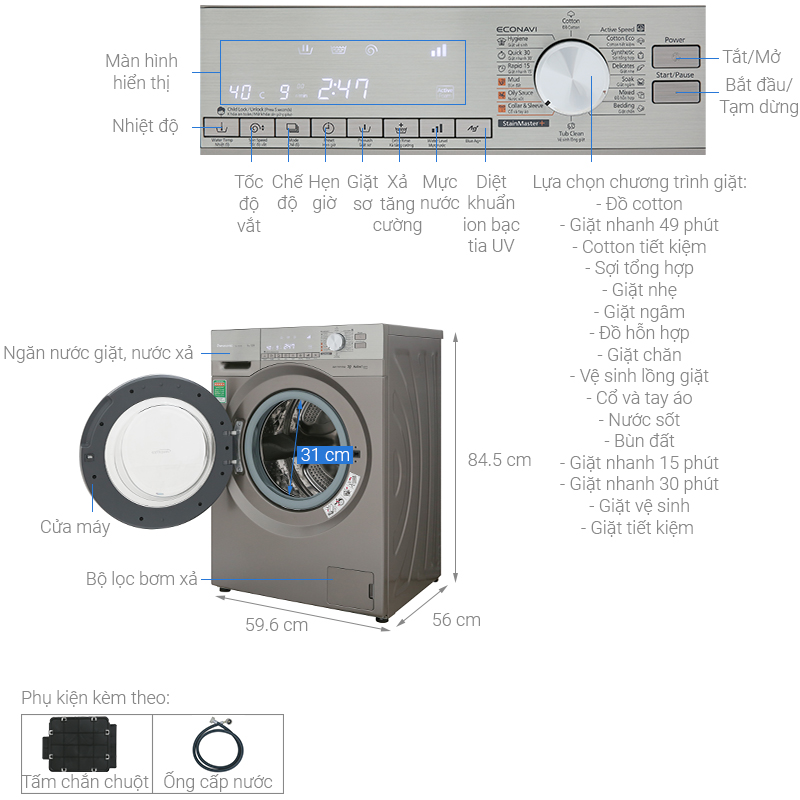 Thông số kỹ thuật Máy giặt Panasonic Inverter 9 Kg NA-129VX6LV2