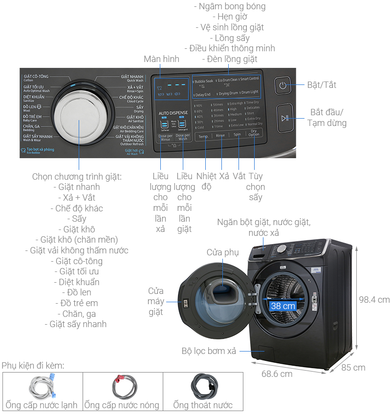 Thông số kỹ thuật Máy giặt sấy Samsung Add Wash Inverter 19 kg WD19N8750KV/SV