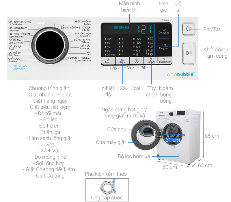Thông số kỹ thuật Máy giặt Samsung Addwash Inverter 10 kg WW10K54E0UW/SV