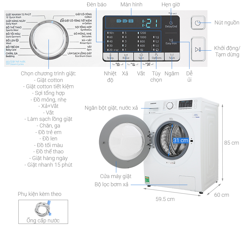 Thông số kỹ thuật Máy giặt Samsung Inverter 8 kg WW80J52G0KW/SV