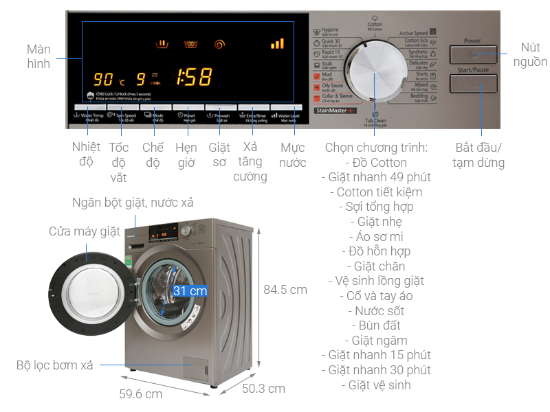 Thông số kỹ thuật Máy giặt Panasonic Inverter 8 Kg NA-128VX6LV2