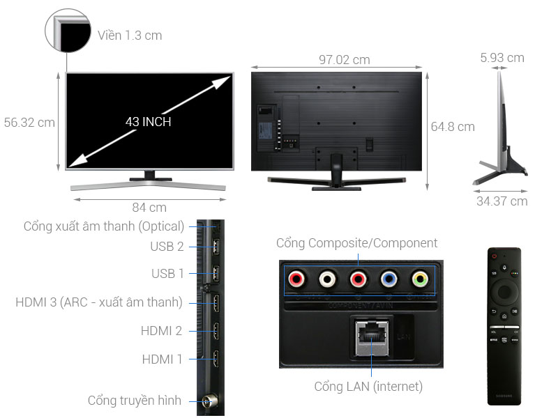 Thông số kỹ thuật Smart Tivi Samsung 4K 43 inch UA43RU7400