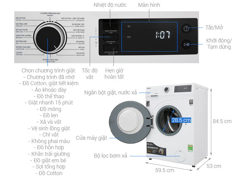 Thông số kỹ thuật Máy giặt Toshiba Inverter 7.5 Kg TW-BH85S2V WK